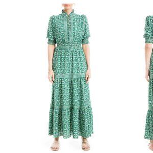 Ruffle Collar Print Tiered Maxi Dress